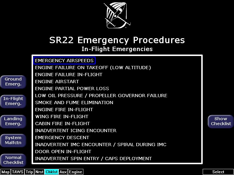 Emergency Checklists 7.4 Emergency Checklists The EX5000 includes complete Emergency checklists. To access the Emergency checklists, press the Emerg. Checklist button in the lower left corner.