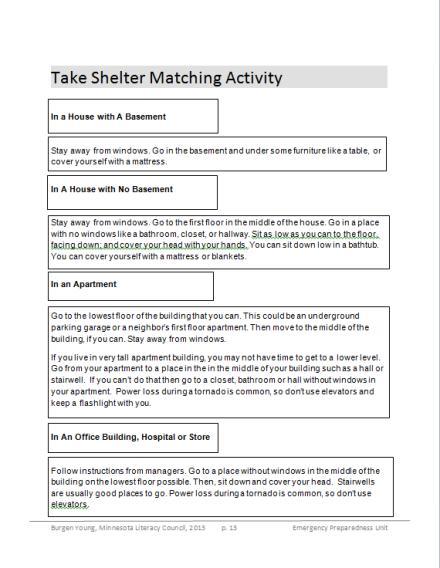 Teacher Directions: Activity 2: Critical Thinking Step 1: Make multiple copies of Take Shelter Matching Activity: make one for each student and then make another set for half the number of Ss in