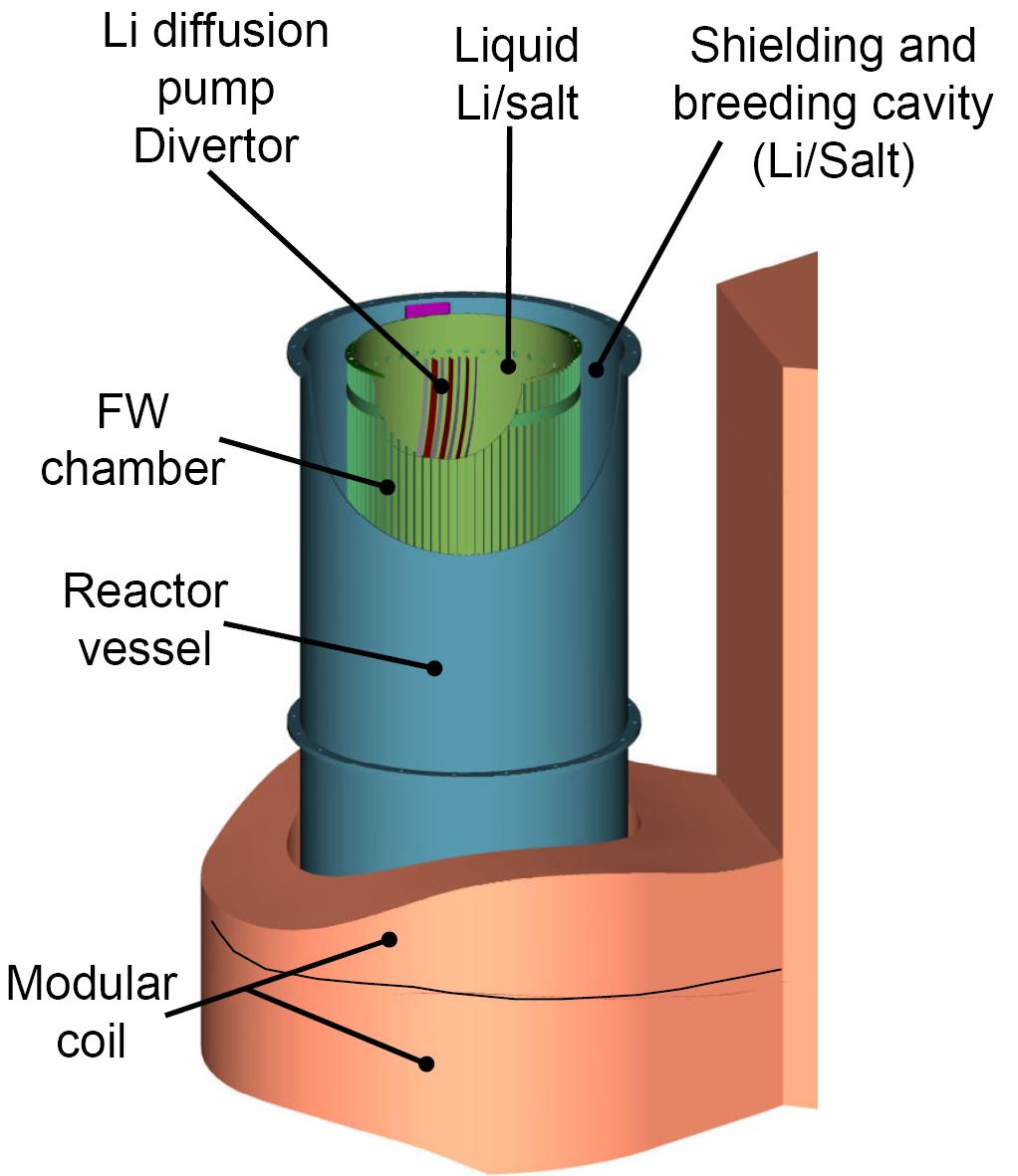 strong magnetic forces. Openings for heating and diagnostics are likewise minimized. The reactor head is composed of coil monolithic sets and the curved section of the double hull.