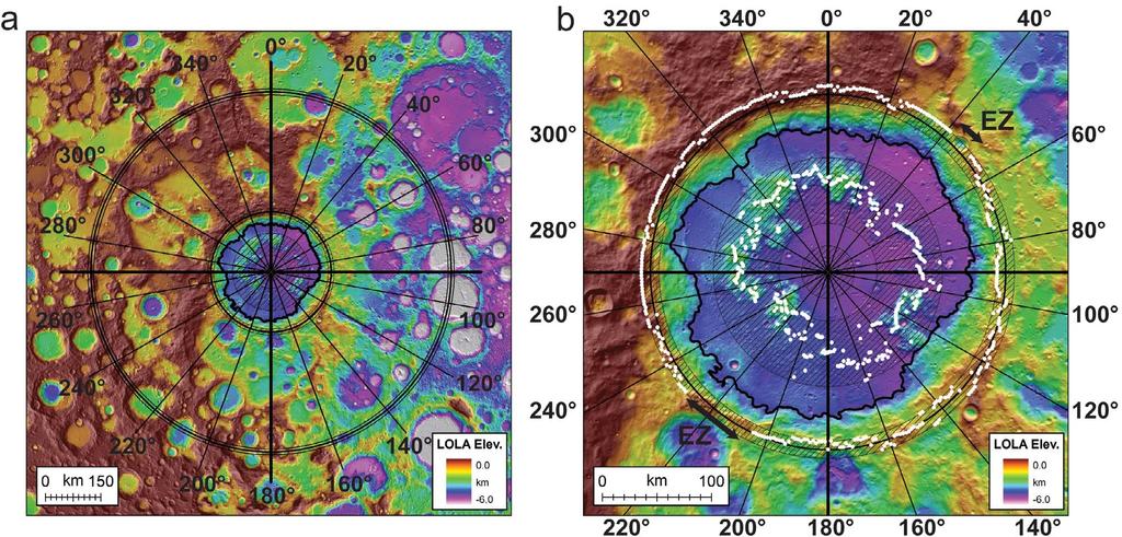 Figure 3. LOLA colored topography of Schrödinger basin (326 km, 74.90 S, 133.09 E) illustrating how reference points (Figure 2b) are located within pre-defined buffer zones.