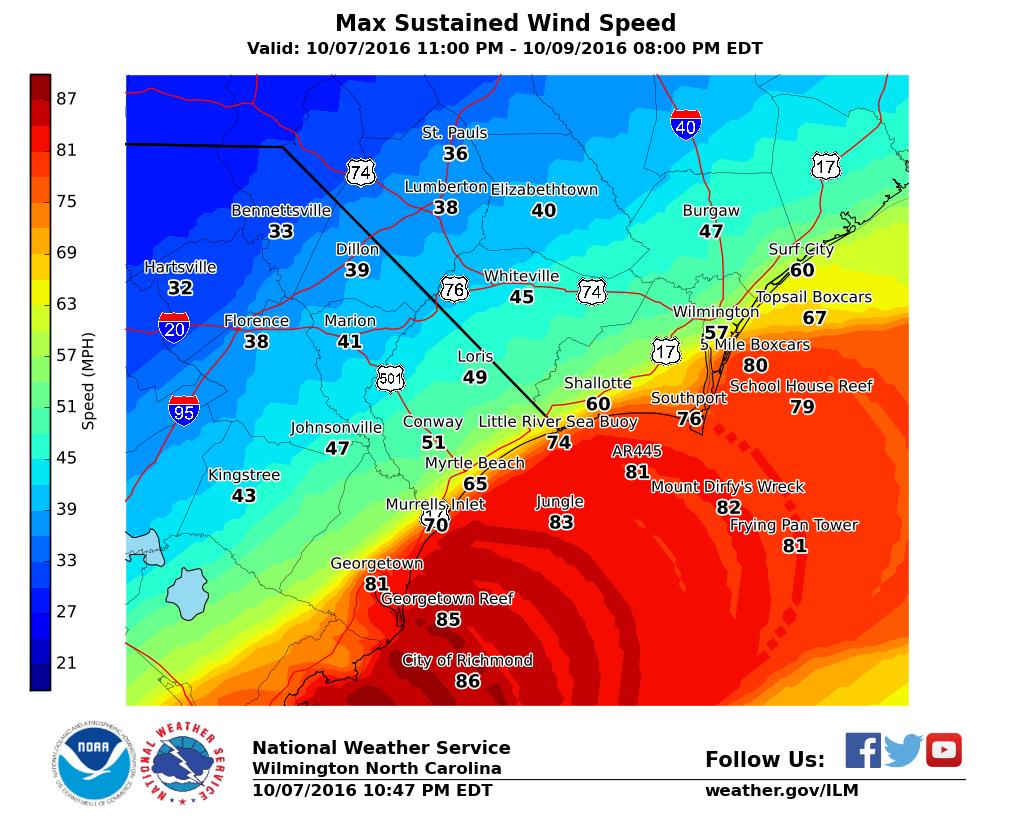 Peak Sustained Wind Information Winds will begin to increase during the early morning across northeast SC, and then spread NE through daylight today.