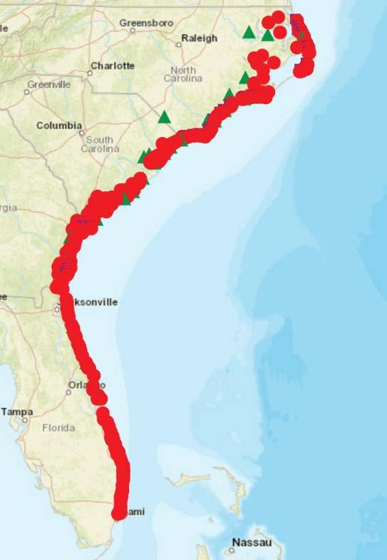 Deployed network for Hurricane Matthew Sensors were deployed at 284 locations along the Atlantic coast from Florida to North Carolina RDGs