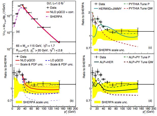 Z+jets production. Z pt PLB 669, 278 (2008) Particle level phase space: theory predictions 65 GeV< Mμμ < 115 GeV, updated since publication MCFM v5.4 PDF: jet jet Rcone=0.