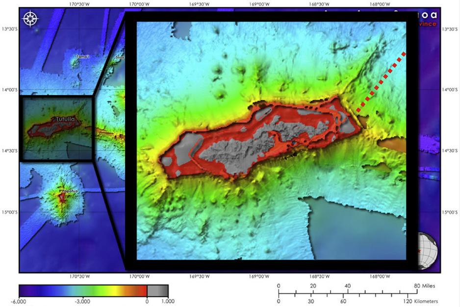796 Seafloor Geomorphology as Benthic Habitat f0020 Figure 58.3 Detailed bathymetry of Tutuila Island, based on the 200 m multibeam bathymetry of Figure 58.