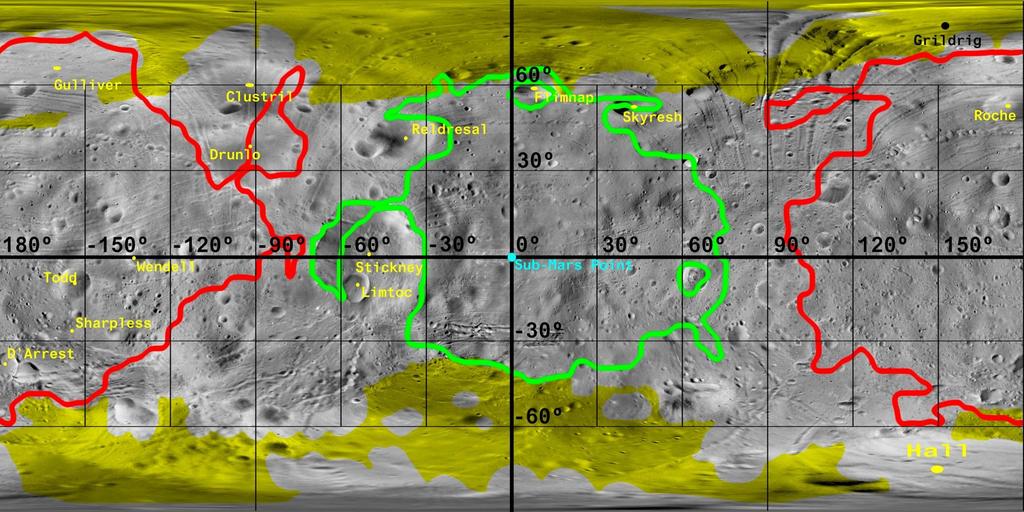Phobos Lighting and Mars Visibility Yellow regions have continuous sunlight during respective summer Inside green boundary all of Mars
