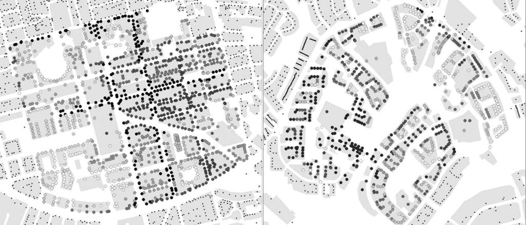 A. Ståhle, L. Marcus, A. Karlström 39 Figure 3: Map of accessibility to population r-3 Södermalm-area (0 60 000 persons) and r-6 for the Högdalen-area (0 11 000 persons).