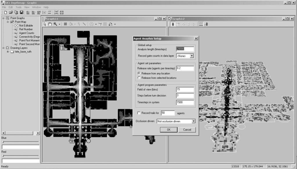 46 UCL Depthmap Figure 2: Agent-based analysis of an environment. The screens depicted show the analysis engine output, parameter setting dialog, and the on-screen demo mode.