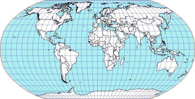 Accuracy / Distortions Compare the size of landmasses on the cylindrical projection on the left with the Robinson projection on the right to answer the following