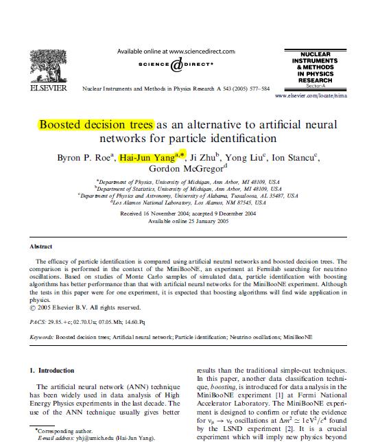 Boosted Decision Trees (BDT) 最先 (2004) 提出和应用先进的 BDT