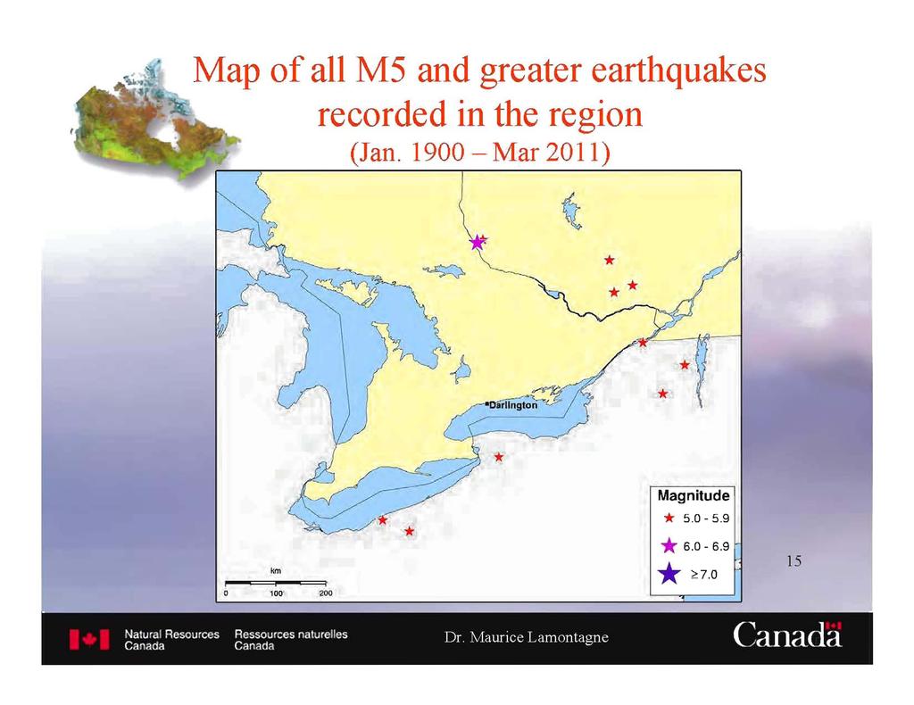 Map of all M5 and greater earthquakes recorded in the region (Jan. 1900 -Mar 2011) -- '... ~ * " {J ~/-./ ~.~'Z ~.Darllngton.