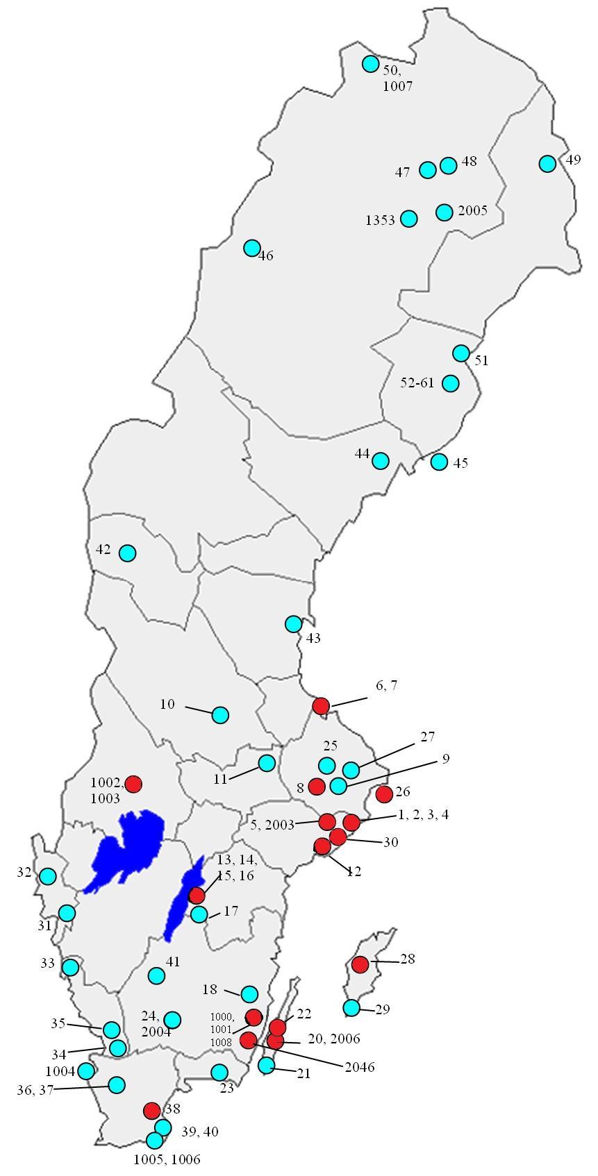 Appendix 2 The SMTP map, over all the traps around Sweden. The red traps are where Orthopelmatinae was found.