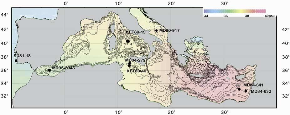 Geosystems G 3 essallami et al.: mediterranean sea changes 10.1029/2007GC001587 Figure 1. Map of the Mediterranean Sea showing the locations of the different cores used in this study.