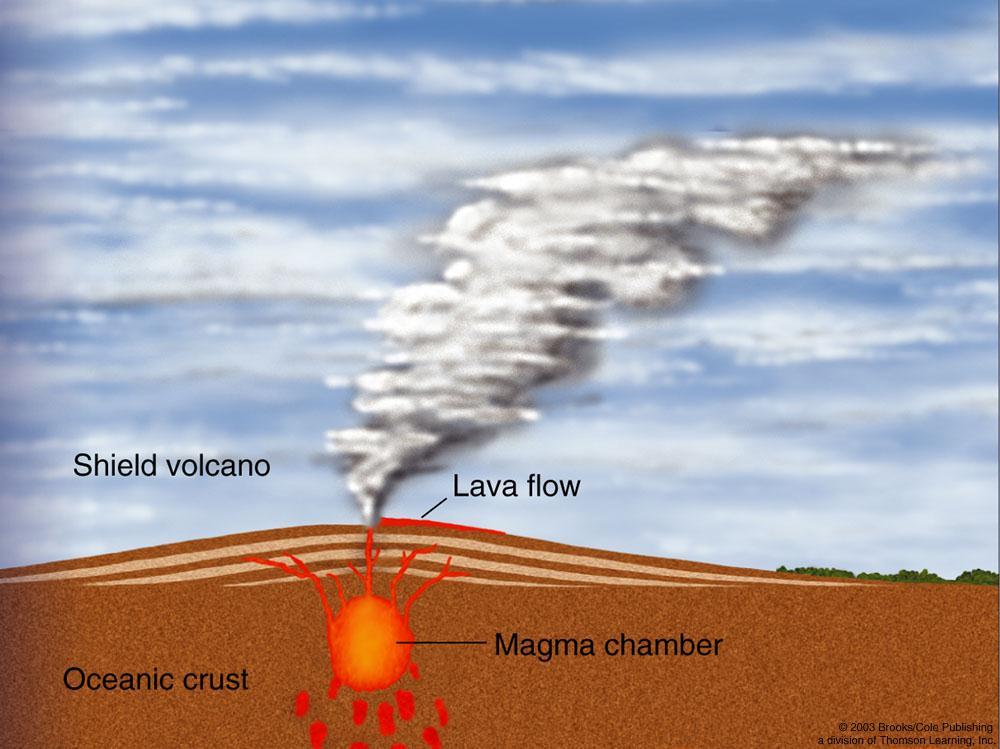 Shield Volcanoes Found above hot spots: Fluid magma chamber, from which lava erupts