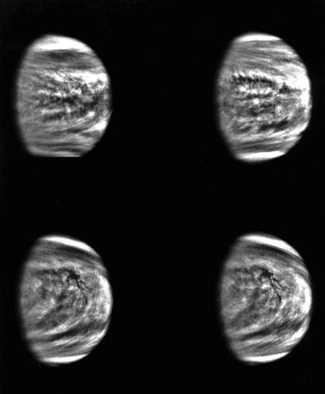 Almost no features are visible in optical light on Venus: the planet-wide clouds are bright and featureless. Ultraviolet images, however, show swirls and streaks.