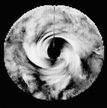 The sinking air at the pole is visible as a giant vortex, where air spirals down over the pole. Polar vortex observed by Pioneer Venus.
