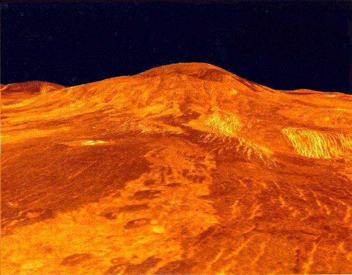 The volcano Sif Mons. is about 2 km high and nearly 300 km across. It lies near the equator in Western Eistla Regio.