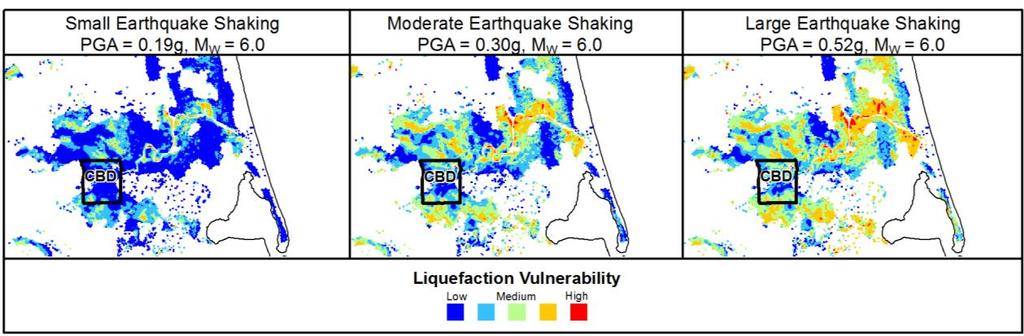 14 Figure 3.3: Maps showing the pre-ces liquefaction vulnerability for a small, moderate and large levels of ground shaking.