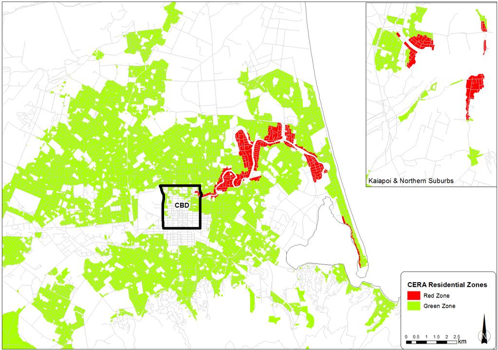 28 Figure 3.11: Map of the CERA residential red and green zones on the flat land for the urban residential properties.