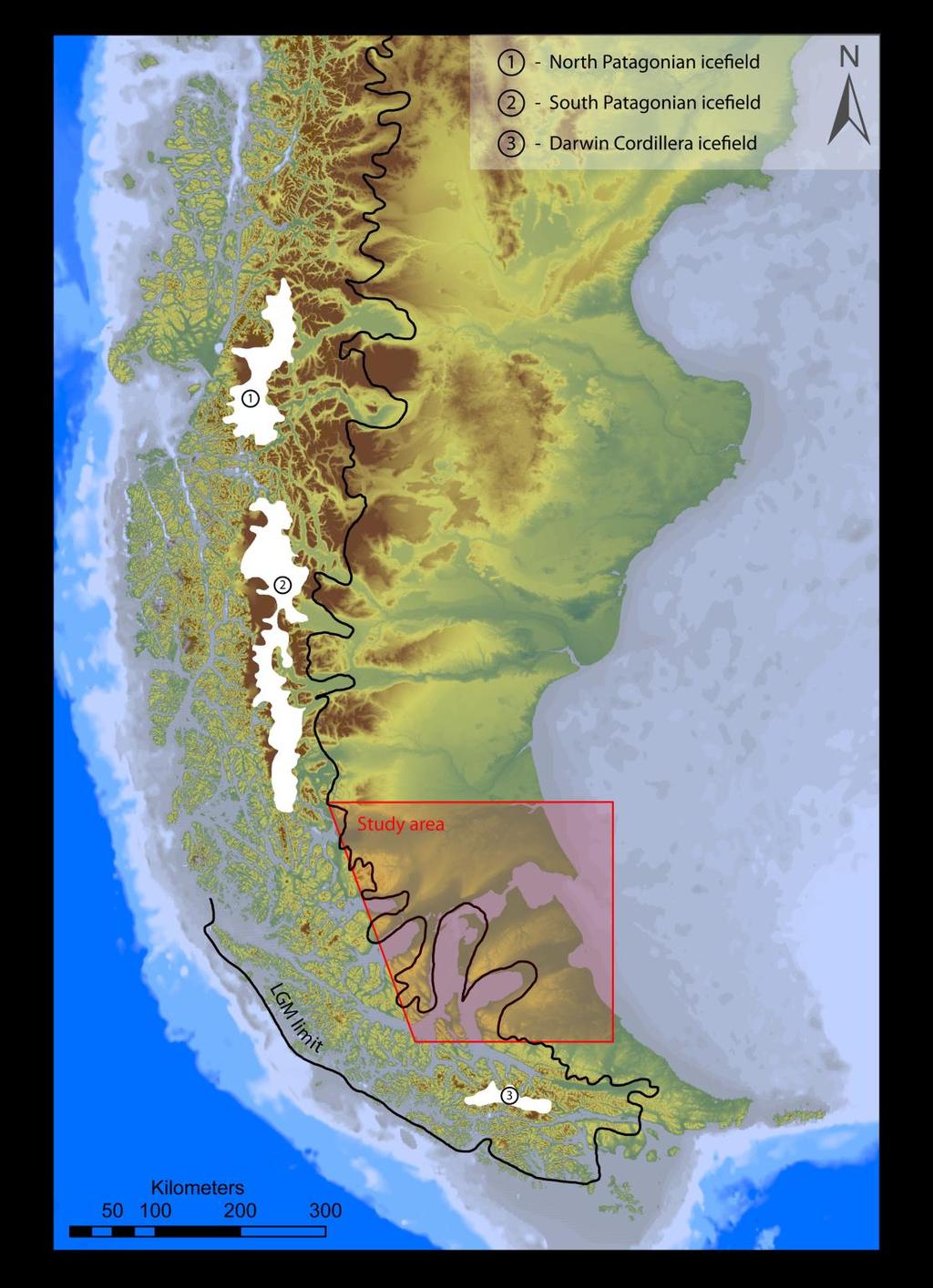 655 656 657 658 Figure 1. Location of the study area in southernmost Patagonia (topography shown using shaded SRTM and ETOPO data).