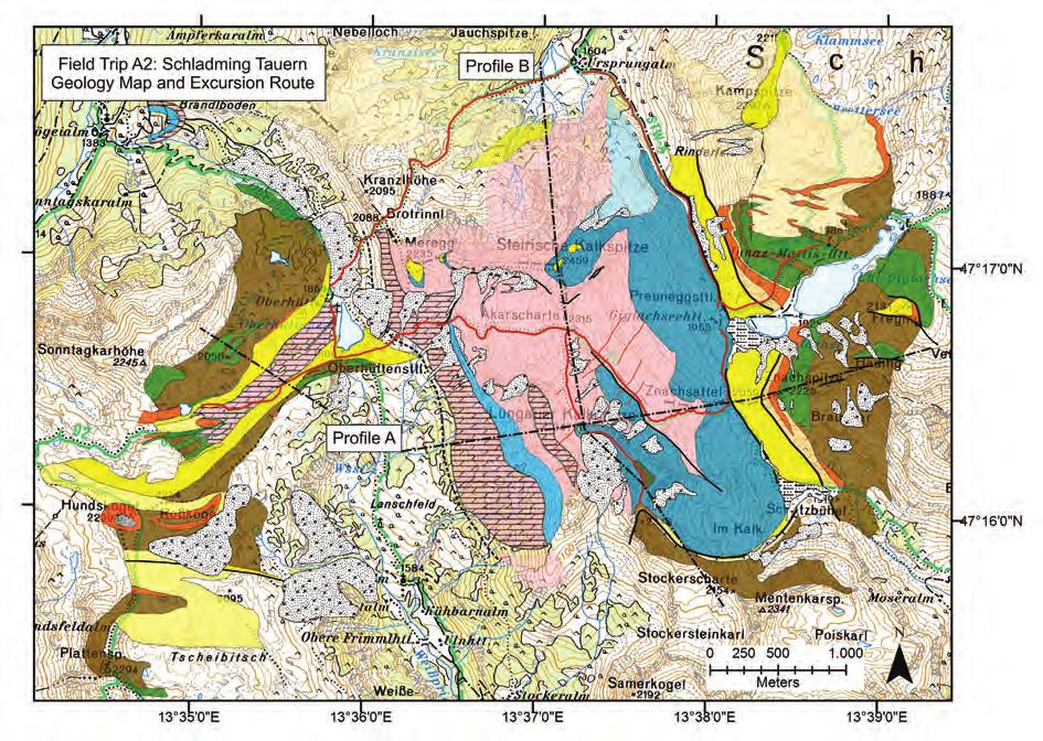 Figure 2: Geological map and excursion route (red line) of field trip A2.