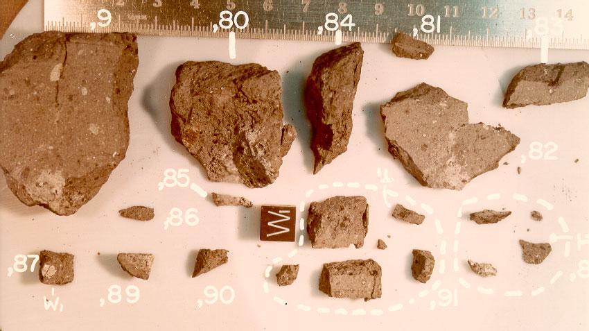 Figure 8: Group photo of 12034 after cutting slab (,82) and end (,80-,84) pieces in 1975. NASA S75-34414. Cube is 1 cm.