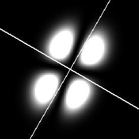 Bottom, from left to right: rotation angle is π/, π/3, 5π/6. The orientation of the other mirror is indicated by the white crossing lines.