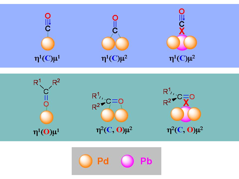 Fig. S5 Adsorption modes of CO and carbonyl on monometallic Pd and bimetallic Pd-Pb nanoparticles. Fig.