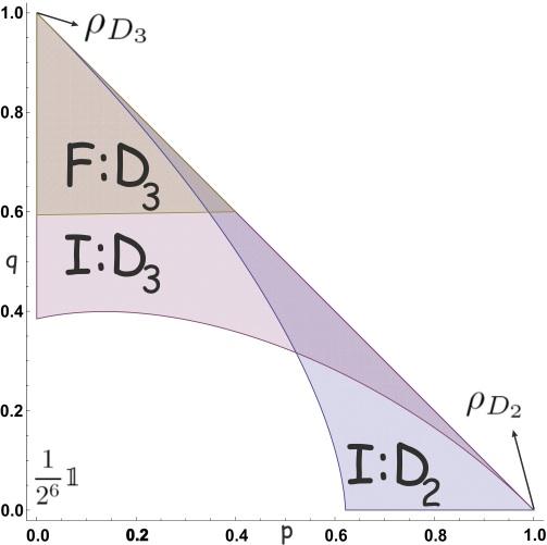 Figure: This plot shows the detection quality for the six qubit state ρ = pρ D2 + qρ D3 + 1 p q 2 1, where ρ 6 D2 = D2 6 D6 2 and ρ D3 = D3 6 D6 3.