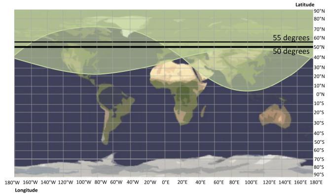 Figure 9 represents the worst case, where one spacecraft is entering and one spacecraft is leaving the observation region and shows that the VZA at 55 degrees latitude is around 37 degrees.