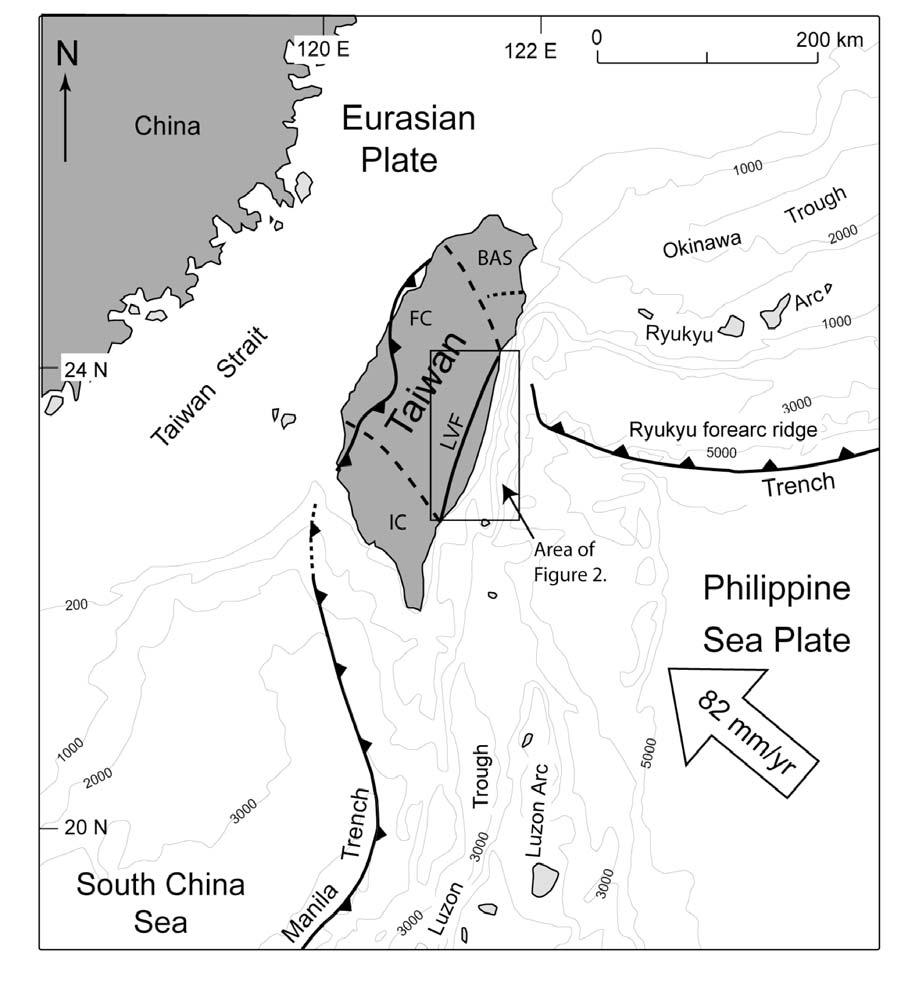 Figure 1. Tectonic map showing the complex tectonic nature of the Taiwan plate margin.