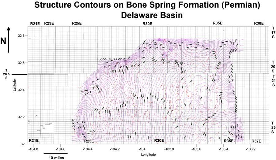 Structure contours on Bone Spring Formation (Lower Permian), Delaware Basin By Ronald F.