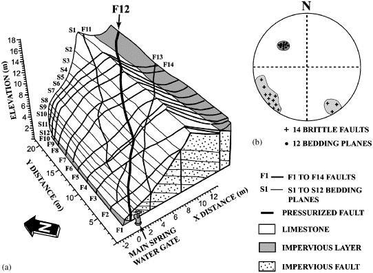 Fig. 1. (a) Three-dimensional view of the fractured rock mass at the Coaraze Laboratory Site; (b) stereonet of plots to discontinuities. 2.