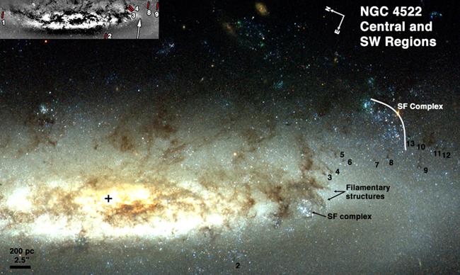 9 Fig. 9. NGC 4522 central and SW regions showing decoupled dust clouds 2 13 and the extraplanar stellar arm structure.