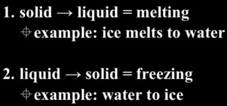 Physical Changes of Matter 1. solid liquid = melting ± example: ice melts to water 2.