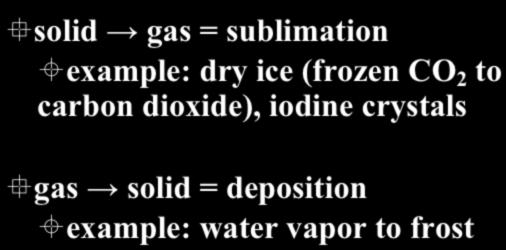 Changes in States of Matter liquid Melting Freezing Condensation Vaporization solid Sublimation Deposition gas plasma Physical Changes of Matter solid gas = sublimation ± example: dry ice (frozen CO