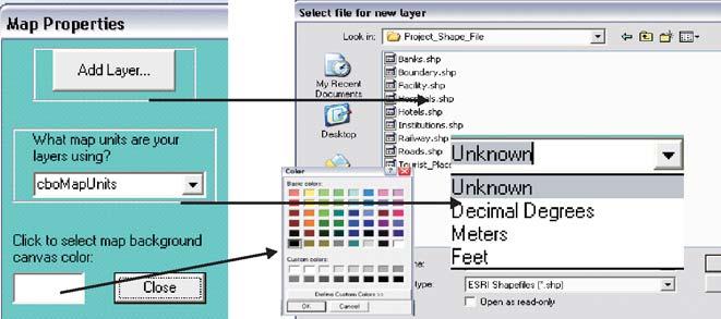 unit of the added shape files, user can also change map unit to meter or to decimal degrees or to feet. By clicking color window, user can change color of background: 4.6.