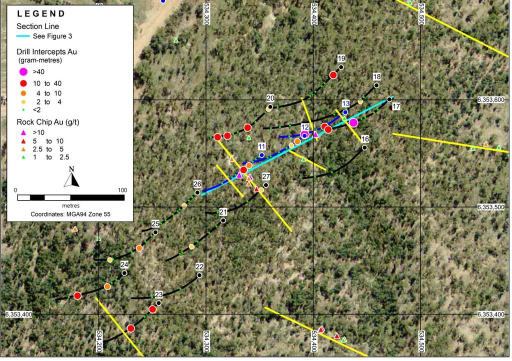 ASX / Media announcement drilled area (Figure 2). These newly defined zones fall within the +80ppm arsenic soil anomaly (Figure 3) and remain open at depth and along strike. 34m @ 0.72g/t Au 28m @ 1.