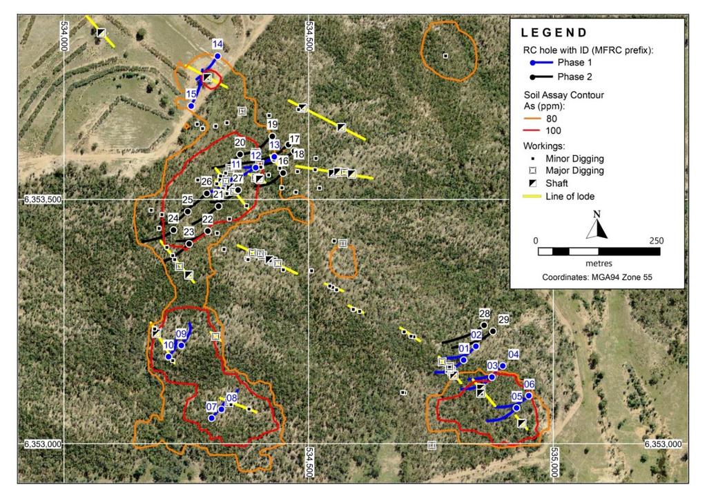 ASX / Media announcement Central Vein Zone SE Lode Figure 3 aerial view of Carlisle Reefs goldfield showing historic workings, arsenic soil geochemistry and drilling.