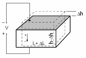 Figure 3.1.1: Change of dimension of a piezoelectric element when a voltage is applied (PIEZO SYSTEM, INC., 005). From Figure 3.1.1 and equation (.1.), the length change can be expressed by L h Vd = = (3.