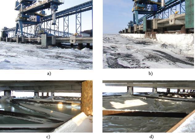 Figure 1. Photos of Kapp Amsterdam. a) Front of quay at high tide. b) Front of quay at low tide. c) Inside cofferdam at high tide (notice the water on top of ice) d) Inside cofferdam at low tide.