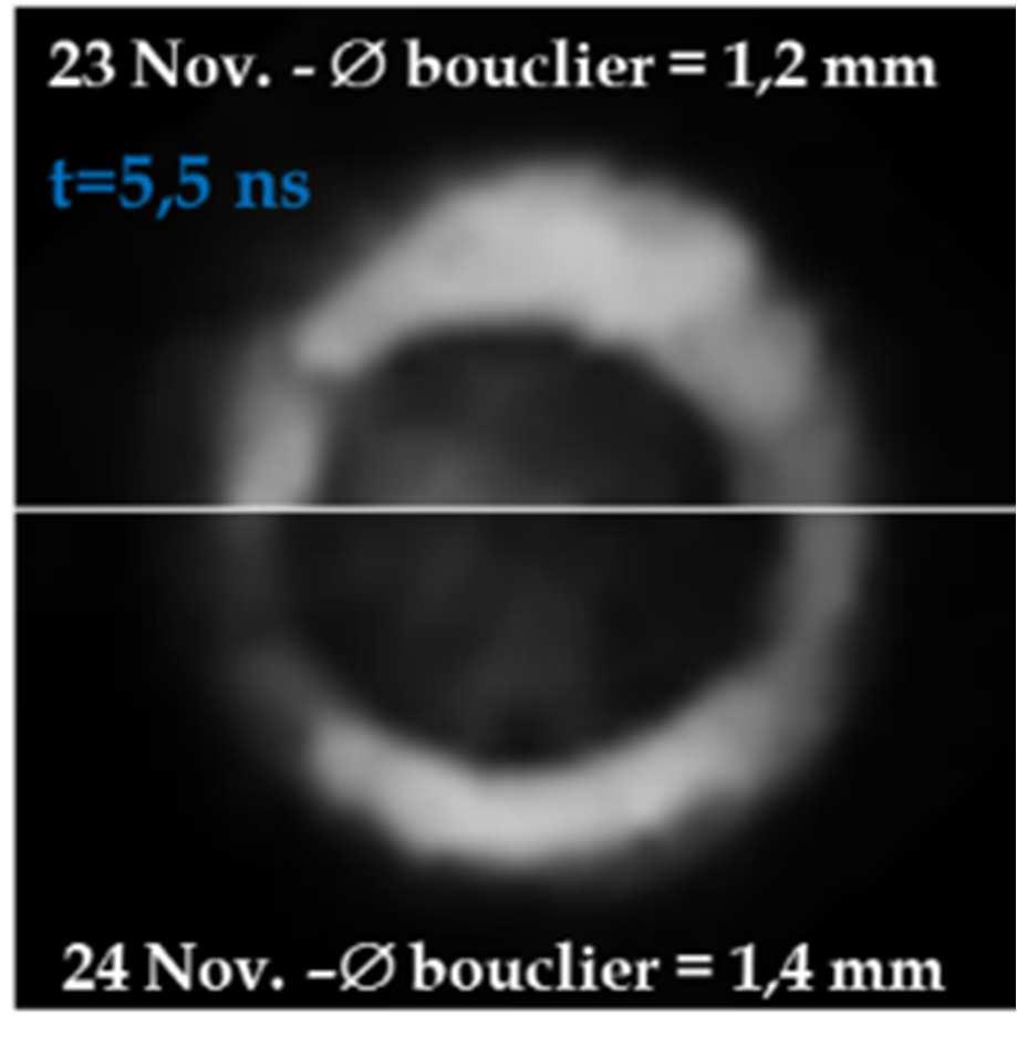 shows that implosion is less convergent with a big shield. FIG. 10. X-ray radiography of two capsules, with two different shield sizes.