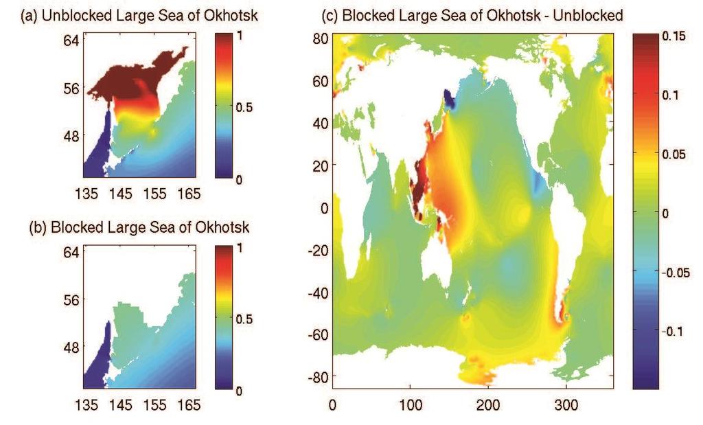 Blocking the Sea of Okhotsk creates differences in the tidal amplitudes over much of