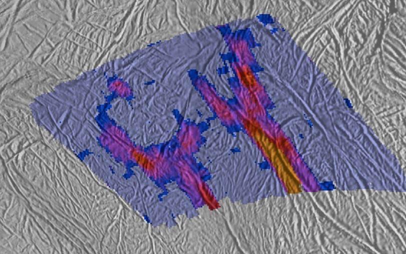 14 This thermal map of the south polar region reveals never-before-seen details of warm fractures that branch off like split ends from the ends of the main trenches of two "tiger stripes.