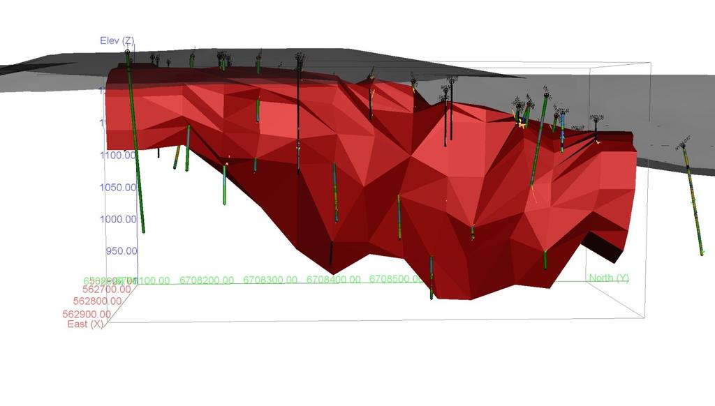 Figure 14.3: Isometric View Looking West Showing the Main Zone Resource Block Model, Drill Hole Distribution and Topography 14.5 Composites The average width of drill core samples is 1.