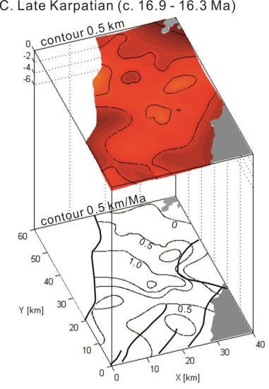 8 Ma), 6) Sarmatian (c. 12.8 11.6 Ma) and 7) Pannonian (c. 11.6 7.8 Ma). During the Eggenburgian Ottnangian, the tectonic subsidence was minor showing low rates (Figure 3A).