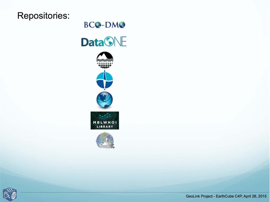 Repositories: Biological and Chemical Oceanography Data Management Office (BCO-DMO) Data Observation Network for Earth (DataONE) Interdisciplinary Earth Data Alliance (IEDA) International Ocean
