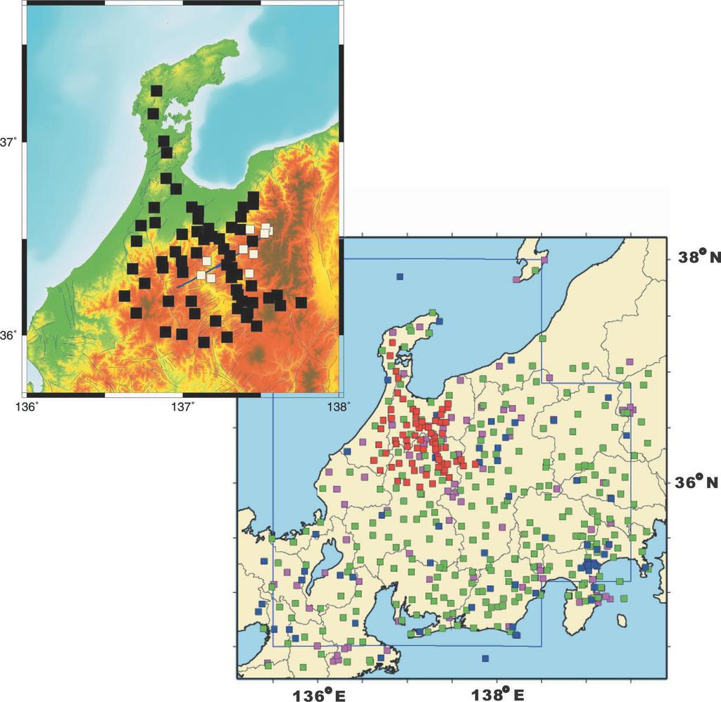 Fig. +. Map of seismic stations. The seismic stations deployed by this project are shown by red squares and inset. The blue squares indicate Japan Meteorological Agency (JMA) seismic stations.