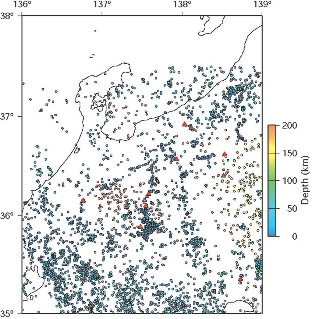 Fig. 1. Location map of the earthquakes used for the resolution test on the tomography analysis with a synthetic simulation. The earthquakes are from,**
