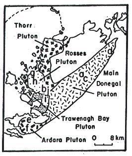2 Fig. 1. The granitic plutons of Donegal (modified after Pitcher et al., 1987), showing locations of myrmekite-bearing rocks some of which are illustrated in Figs. 5, 6, and 7.
