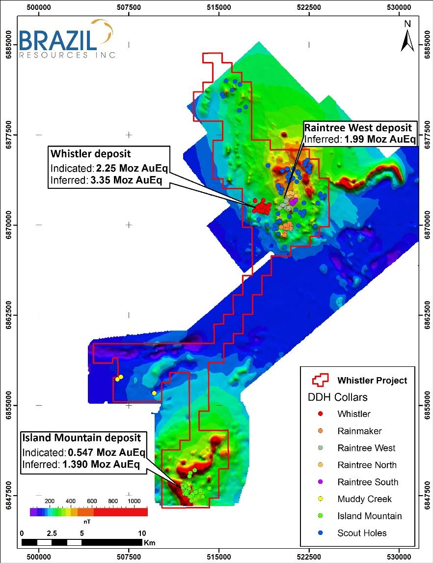 Whistler Project Porphyry District (170 sq km) Bulk mineable gold-copper porphyry mineralization with multi-million ounce resource estimates (Whistler, Raintree West and Island Mountain deposits).